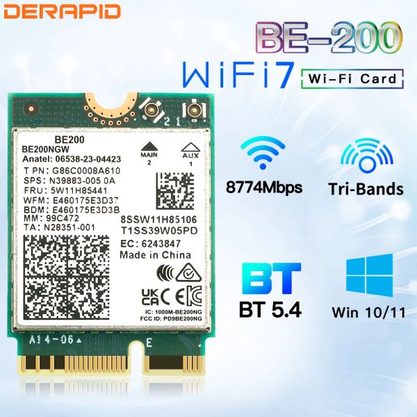 Tarjetas WiFi7 BE200 Bluetooth 5.4 Banda triple M.2 Adaptador inalámbrico NGFF 8774Mbps Antena de escritorio/computadora portátil mejor que AX210 Win10/11