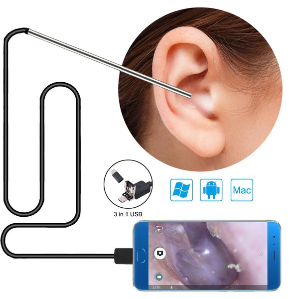 CARE 3 en 1 outil d'élimination de la cire d'oreille USB Otoscopeear Porce Caméra dans l'endoscope d'oreille Endoscope Visual Oreau Poot 5,5 mm Pick Otoscope