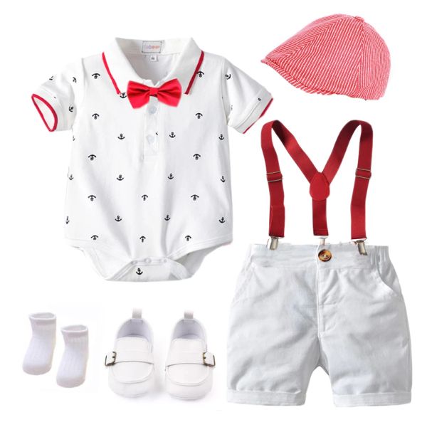 Care Cotton Boys Summer Ropa recién nacida Set Vestido de cumpleaños Traje de baño blanco Sombrero + Rompers + pantalones cortos de babero + zapatos + calcetines 6 PCS 018M