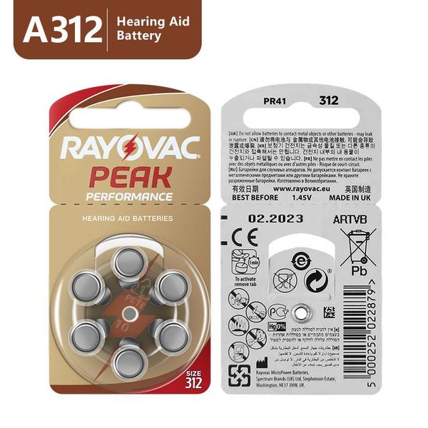 Aides auditives de soins Batterie 60 PCS Rayovac Peak Performance Aid Aid Batteries 312 312A A312 PR41.Batterie en zinc pour l'aide auditive aérienne