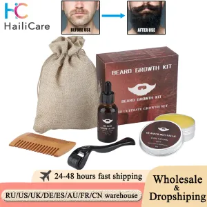 Verzorging Mannen Baardgroei Kit Essentiële Olie Hydraterende Baardbalsem Haarversterker Groei Roller Kam Wax Styling Schaar Baardverzorging Kit