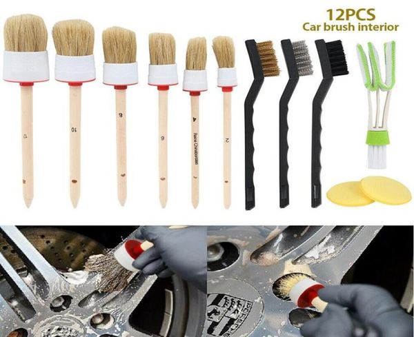 Produits de soins 591112 pièces Kit de brosse de détail de voiture poils de sanglier naturels pneu automatique moyeu de roue jante aérations intérieures grille de nettoyage To3370622