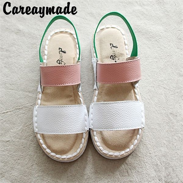 Careaymade-sandalias de cuero genuino, zapatos hechos a mano puros, zapatos planos de chica mori de arte retro, zapatos casuales de literatura 0928