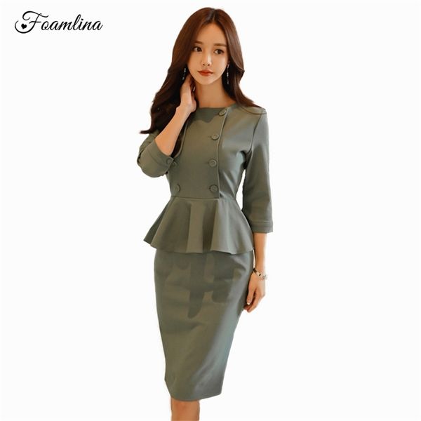 Carrera femenina peplum vestido de trabajo mujeres elegante otoño 3/4 manga oficina damas negocio bodycon lápiz es 210603