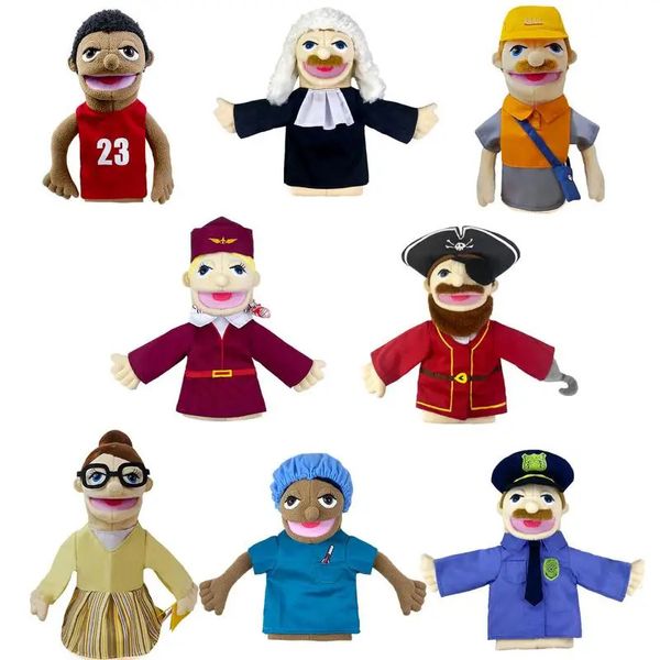 Carrera Marionetas de mano Felpa Niños Muñeca Talk Show Accesorios para fiestas Cocinero Bombero Granjero Trabajador Detective Doctor Peluches rellenos 240314