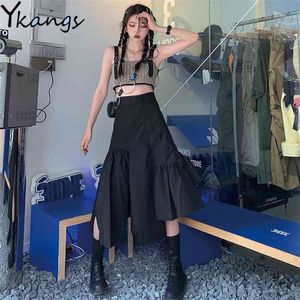 Cargo noir Punk taille haute Streetwear gothique irrégulière fendu jupe Midi ample femmes coréennes Harajuku gris jupe plissée 210421