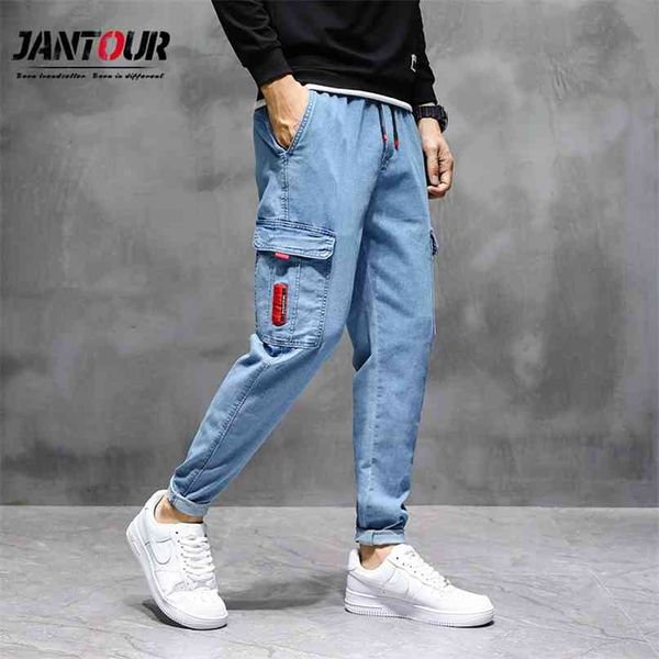 Cargo Harlan Pocket Jeans Hombre de algodón de los hombres Pies Leggings Slim Windons Classic Style Fashion Blue Casual Casual Joggers Pantalones Hombre 210723