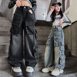 Cargo jeans voor meisjes 2024 lente losse casual elastische taille tienerkinderen wijd been broek ontwerp streetwear kinderbroek l2405