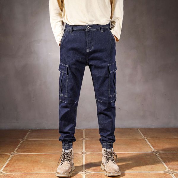 Pantalones vaqueros Cargo para hombre, pantalones bombachos holgados de color azul oscuro, ropa de calle de estilo primaveral, pantalones vaqueros de diseño Hip Hop con múltiples bolsillos para hombre