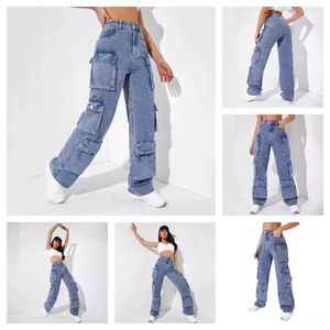 Cargo jeans broek designer jeans dames designer broek vrouwen vrachtbroek losse hoge ritsvlieg polyester denim katoenen punk dagelijkse outfit spanning s-2xl goth dames jeans