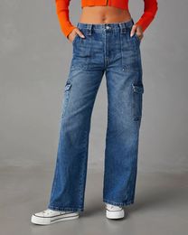 Pantalon de cargaison Pantalon Jeans Pantalon de créateur de femmes Pocket S-xxl Long Flare Mid Milin Zipper Fly Polyester Denim Coton Jeans Baggy Jeans Y2K