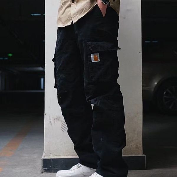 Pantalon cargo Cahar Tt Pantalon de travail tendance avec style militaire unisexe, coupe ample, jambe droite, multi-poches, marque de mode décontractée, pantalon long délavé