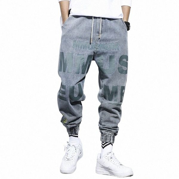 Pantalon cargo Jeans Pantalon à bande de cheville pour hommes Lâche Moto Biker Harlan Harajuku Style Faisceau Pieds Pantalons décontractés Taille élastique Hip Hop n72w #