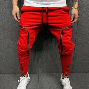 Pantalon cargo hommes mode couleur unie cordon décontracté multi fermetures à glissière poches pantalon style hip hop hommes sarouel streetwear 220621