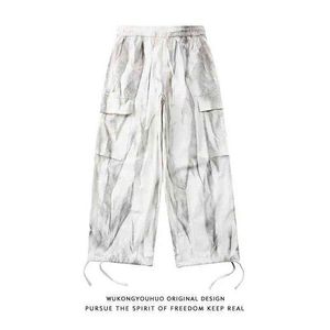 Pantalon Cargo Hommes Été Nouveau Japonais Harajuku Tie-Dye Hip-Hop Lâche Droite Vintage Jambe Large Cordon Pantalon Homme Streetwear G220507