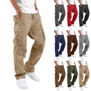 Pantalon Cargo pantalon pour hommes pleine longueur couleur unie ample multi-poches cordon poches pantalon mâle Cargo pantalon 3XL 240111
