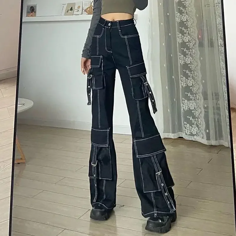 Calça de carga feminina roupas high street vintage multi -bolso jeans feminino casual retenamente combina com jeans de cintura alta