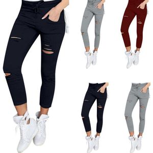 Lading broek vrouwen mode slanke hoge getailleerde stretchy skinny gebroken gat potlood broek effen kleur straatkleding broek dames