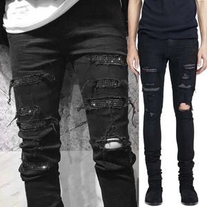 Jeans en denim stretch noir pour hommes Crystal Diamond Patch Damage Hole Slim Fit Leg