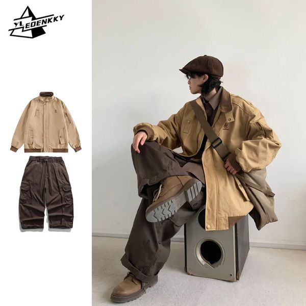 Cargo vintage sets hommes femmes brodées cols debout vestes décontractées, pantalon lâche à patte droite large 240327