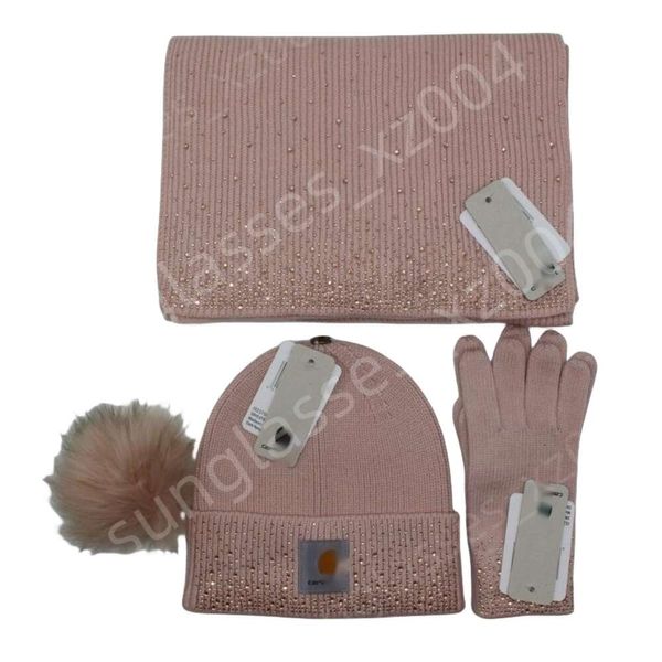 Carharttlys Chapeau Designer Qualité Originale Chaud Diamant Laine Chapeau Gants Écharpe Automne/Hiver Femmes Tricoté Chapeau Amovible Laine Boule Chaud Chapeau Flash Diamant Chapeau