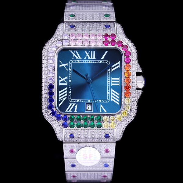 Carier Silver ZF Factory Cz 5 styles diamants montre hommes montres de luxe arc-en-ciel lunette cadran bleu Missfox carré automatique Eta8215 mouvement entièrement glacé montre-bracelet avec