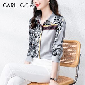 Carl Crius 2023 Plus size polka stip satin -imitatie zijden contrast shirt in lange mouw losse ontwerp veelzijdige top 240419