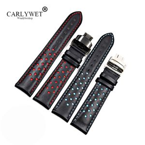 CARLYWET 20 22mm cuir de vachette fait à la main noir rouge bleu remplacement bracelet de montre bracelet Double fermoir poussoir pour étiquette CARRERA202D