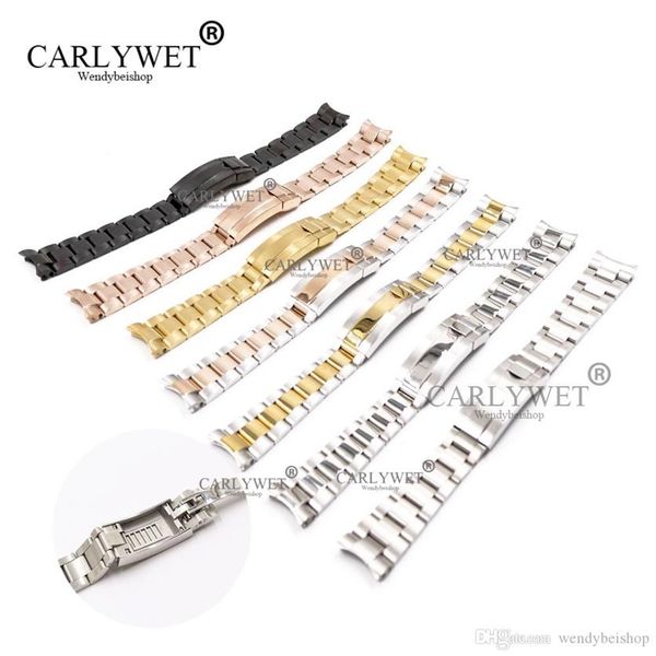 CARLYWET 20mm Deux Tons Or Rose Argent Noir Solide Courbé Fin Vis Liens Nouveau Style Glide Verrouillage Fermoir En Acier Bracelet De Montre Bracelet221Y