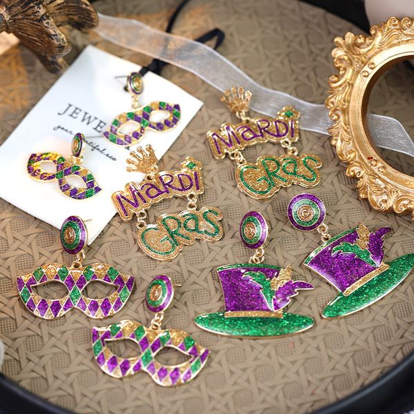 Pendientes de carnaval, pendientes brillantes con máscara de carnaval, corona, sombrero, letra, pendientes colgantes, banquete