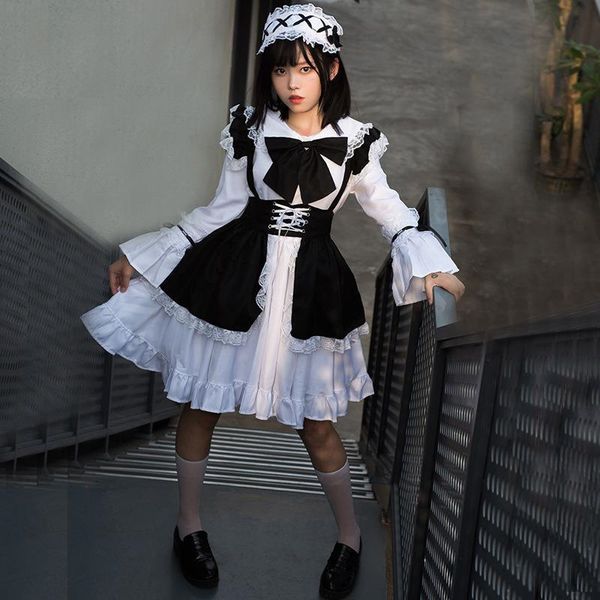 Carnaval Party Stage Cosplay Costumes Polyester Black and White Maid Uniform Set japonais Kawaii Bow Lolita Lace celting Robe