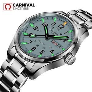 Carnival Tritium Light Men Watch Quartz Double Calendrier Date Tritium Luminal Imperproof 200m Diving Mettes de plongée Sapphire T20279H