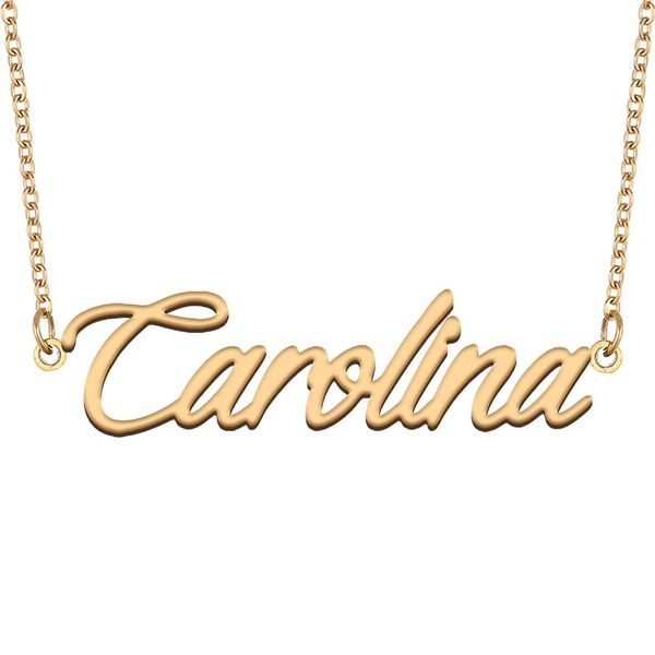 Collar con nombre de Carolina, colgante para mujeres y niñas, regalo de cumpleaños, placa con nombre personalizada, joyería para mejores amigos para niños, acero inoxidable chapado en oro de 18 quilates