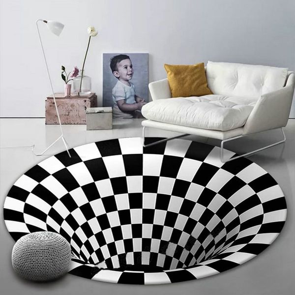 Tapis 3D Tapis Ronds pour Salon Simple Noir Blanc Stéréo Vision Tapis Géométrique Antidérapant Maison Chambre Tapis De Sol 230725