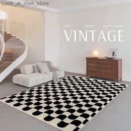 Tapis français grande surface damier noir et blanc tapis de salon épaissi doux tapis de chambre à coucher tapis de vestiaire rétro de luxe léger Q240123