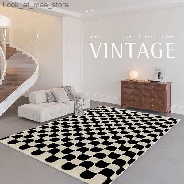 Alfombra francesa de gran área, tablero de ajedrez en blanco y negro, alfombra para sala de estar, alfombras de dormitorio suaves y gruesas, alfombra de guardarropa retro de lujo ligera Q240123