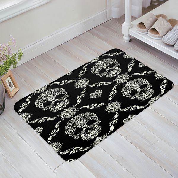 Tapis Halloween Flower Style Skull Paisley Black Kitchen Paillomat Bedroom Bath Pload House Hold Door Mat Area Rapis Home Decor 230817