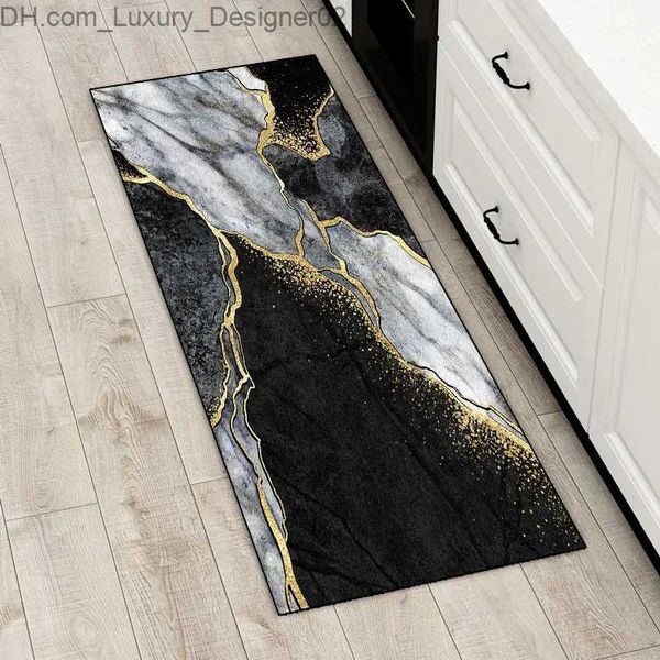 Tapis cuisine tapis luxueux marbre en marbre noir luxueux Mamation d'entrée de porte de porte de porte de chambre à coucher non glissade Q240426