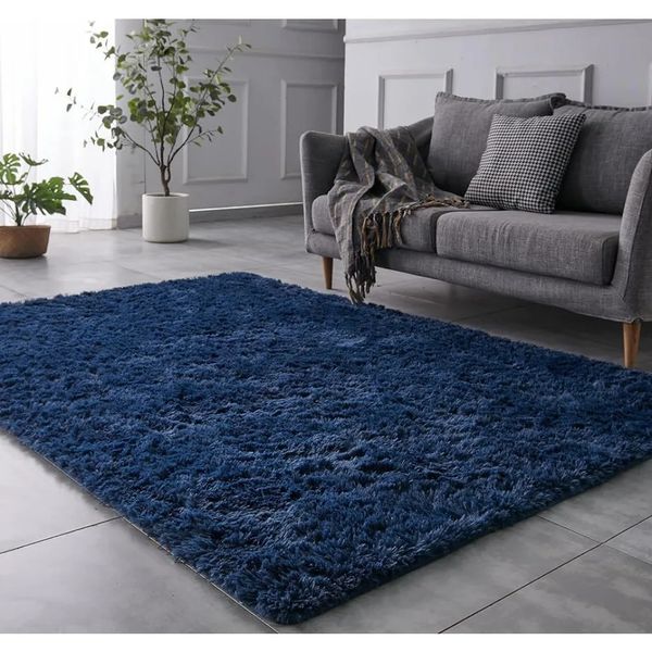 Grand tapis à poils longs, 9x12 pieds, bleu marine, intérieur, peluche Ultra douce, pour salon, antidérapant, en fausse fourrure, pour chambre d'enfant, 240125