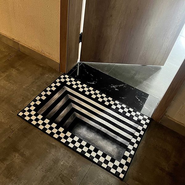Alfombra LOYAlgogo 3D Vortex Illusion Square Rug Outdoor Mat Black and White Checkerboard Trap Floor Mat Decor Indoor Carpet Vortex Rug 230802