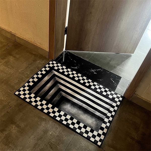 Alfombra LOYAlgogo 3D Vortex Illusion Square Rug Outdoor Mat Black and White Checkerboard Trap Floor Mat Decor Indoor Carpet Vortex Rug 221008