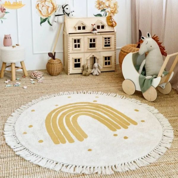 Alfombra Alfombra mullida de arcoíris para sala de estar con borlas, alfombra de felpa blanca para dormitorio de niños, alfombra de juego suave para guardería para niños Babi 231023