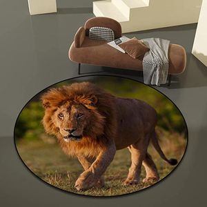 Tapis 120 cm de diamètre HD Lion Tapis rond 3D Tapis de sol animal Chambre à coucher Chambre d'enfant Salon Salle de bain antidérapante