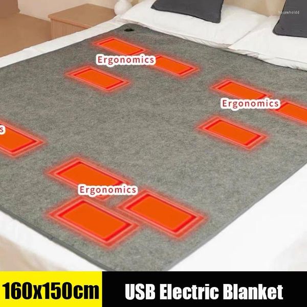 Tapis 180x150cm Couverture chauffante électrique avec 6 zones 5V USB Sac de couchage chauffant Coussin pour la maison Bureau Voiture Camping Pêche