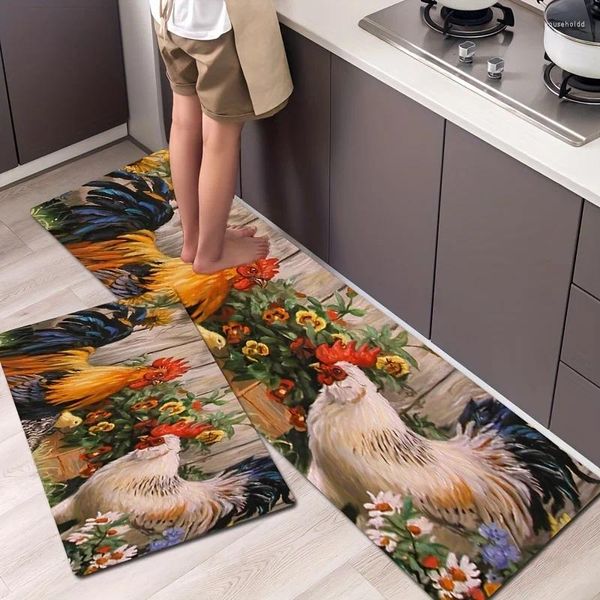 Tapis 1PC Poulets Fleurs Tapis de sol Tapis de cuisine moderne Tapis d'intérieur coloré antidérapant pour la maison Salle de bain Chambre Salon Décor