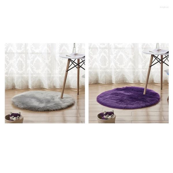 Tapis 2 Pcs Faux Peau De Mouton Laine Tapis Rond 30 X Cm Moelleux Doux Cheveux Longs Coussin Décoratif Chaise Canapé Tapis Violet Gris