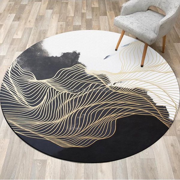 Alfombras de 200cm de estilo chino con pintura de tinta abstracta, línea dorada, para sala de estar, dormitorio, cesta colgante, silla, alfombrilla redonda para suelo, personalización