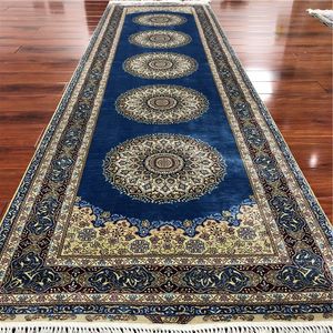 Tapijten 3'x12 'Handgemaakte Perzisch tapijt Blue Floral Eunner Tapijt Home Decor Lange Trapets