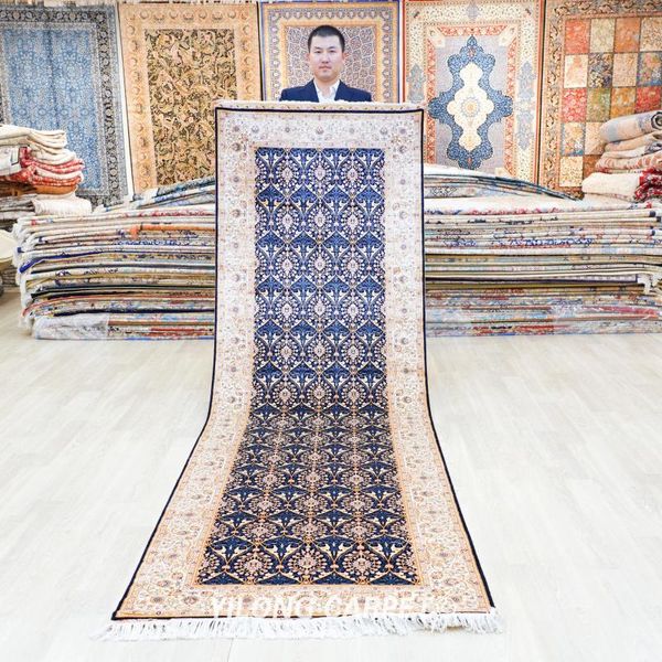 Alfombras 3'x10 'Galería Runner azul Exquisito alfombra oriental anudada a mano (TJ576A)