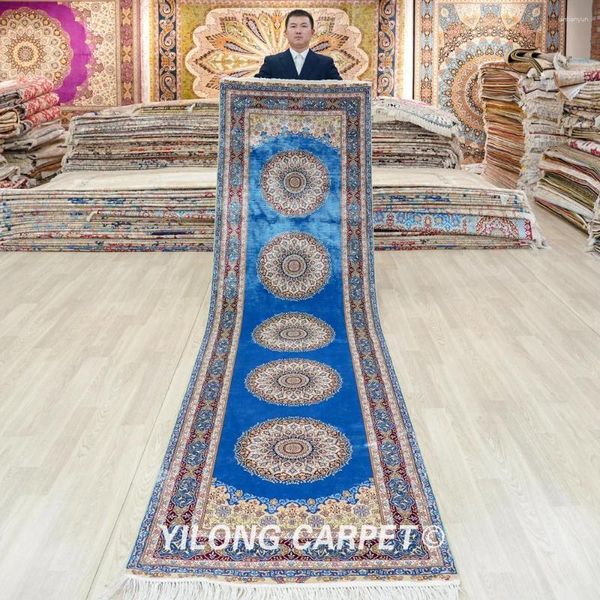 Alfombras 3'x10 'Galería de seda persa Runner azul Exquisito Alfombra oriental anudada a mano (TJ345A)